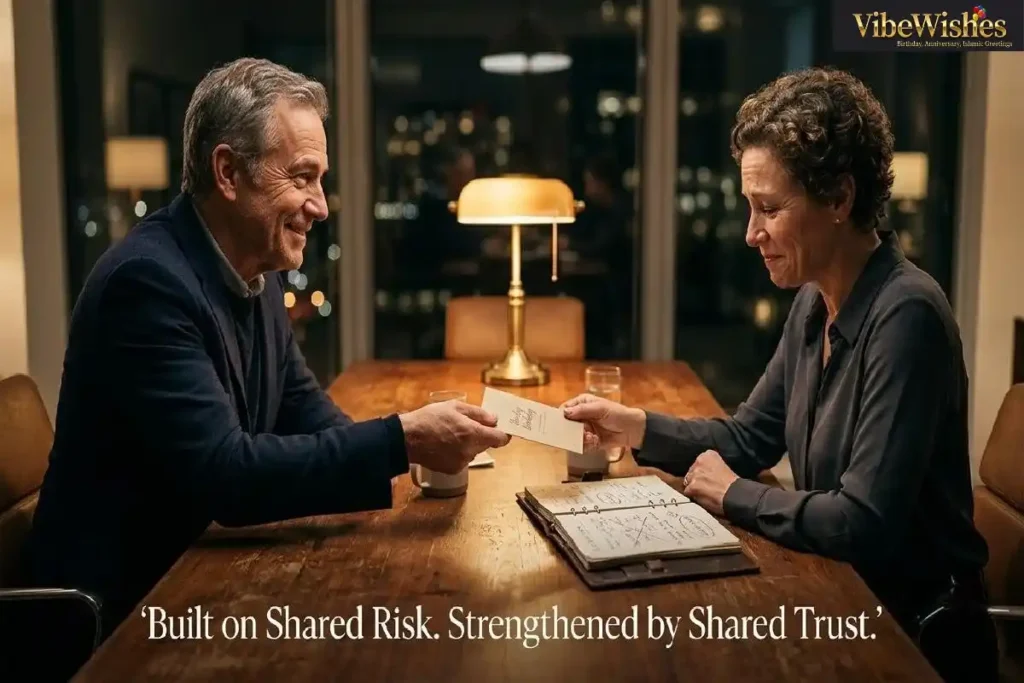  "Two business partners exchanging birthday card across wooden table at sunset representing deep and meaningful birthday wishes for business partner built on years of trust"