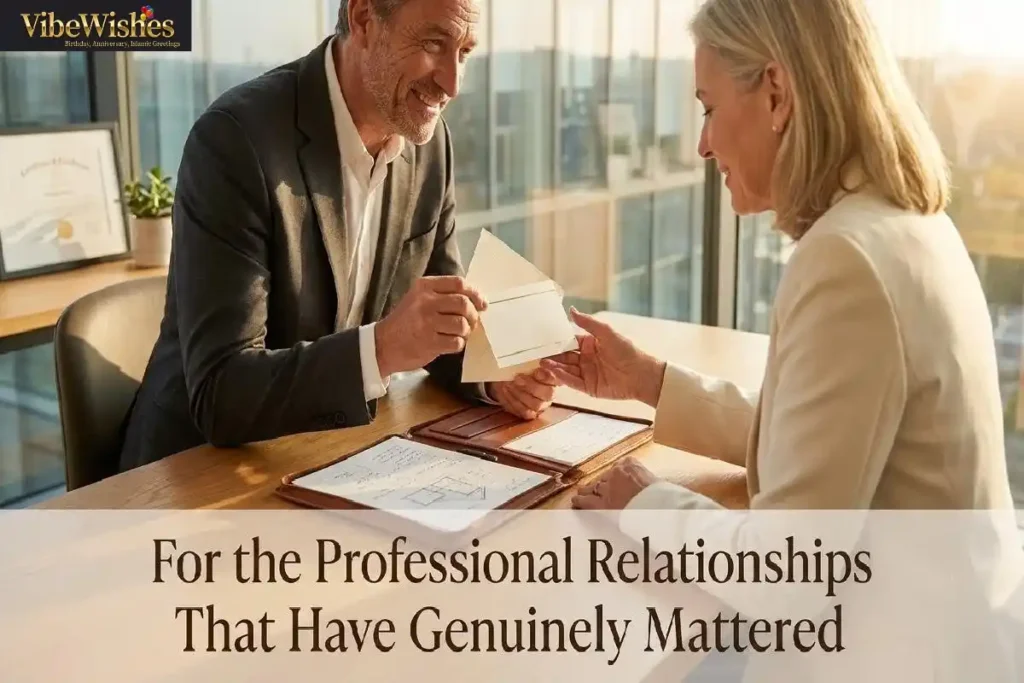 "Two long-time colleagues exchanging meaningful birthday card in modern office representing deep corporate birthday wishes for professional relationships that genuinely mattered"