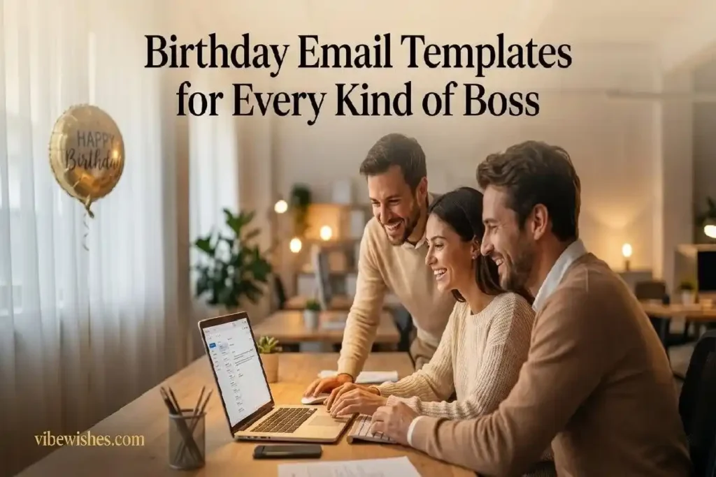 "Small professional team gathered around a laptop composing a group birthday email to boss in a warm modern office"