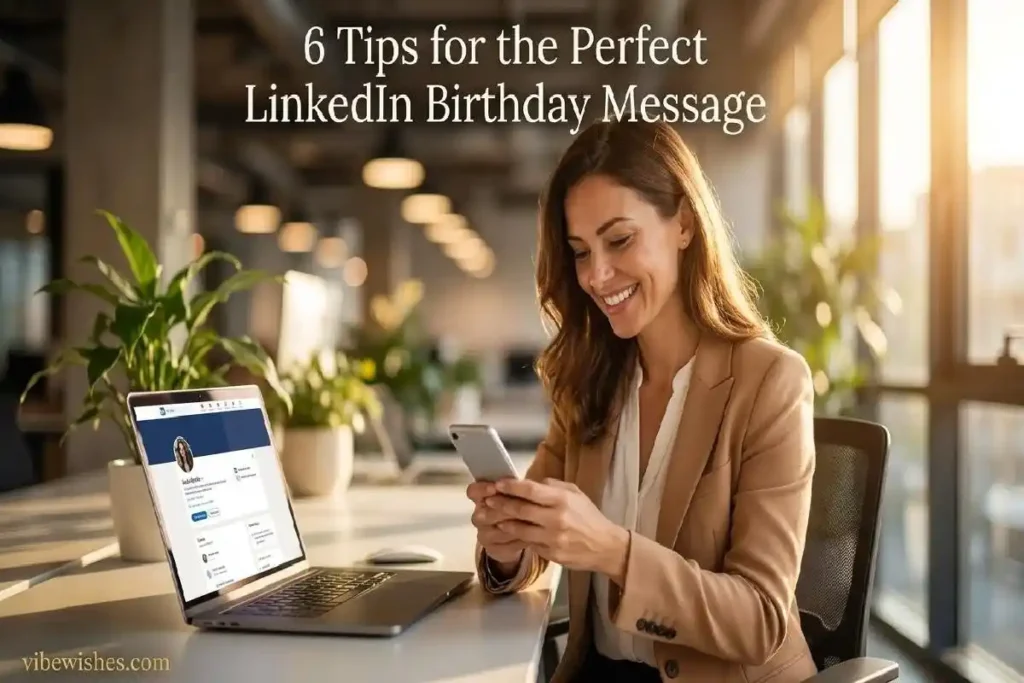  "Professional woman typing a LinkedIn birthday message on smartphone beside laptop in bright modern office"