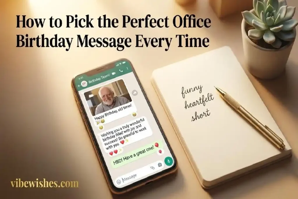 "Smartphone showing different styles of office group birthday messages beside a notebook on a desk representing how to choose the best team group birthday message"