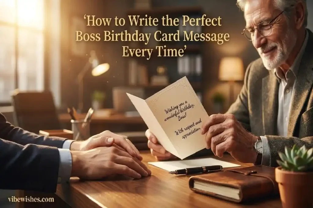  "Two professional hands near an open birthday card on an executive desk representing how to write the perfect birthday card inscription for boss"