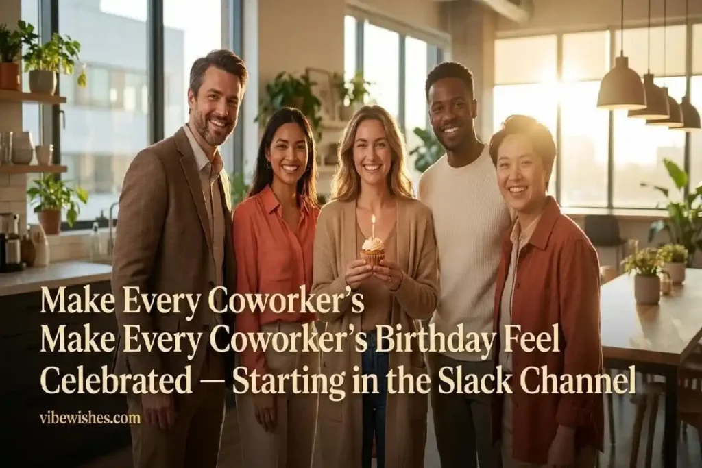 "Diverse group of smiling coworkers celebrating a birthday in office representing the best office Slack birthday wishes for the team channel"