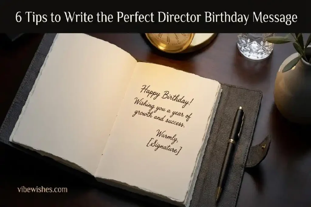  "Open notebook with handwritten birthday message on executive desk showing tips for writing the perfect birthday message for a director"