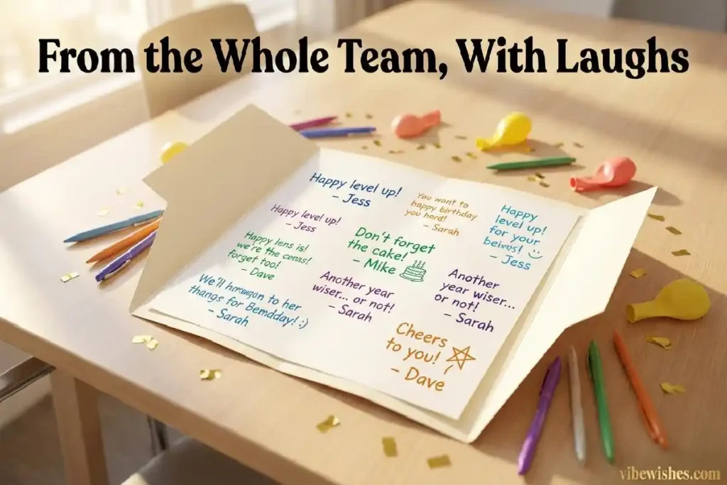 "Large group birthday card with funny handwritten messages from whole team representing funny birthday wishes for boss from the team"