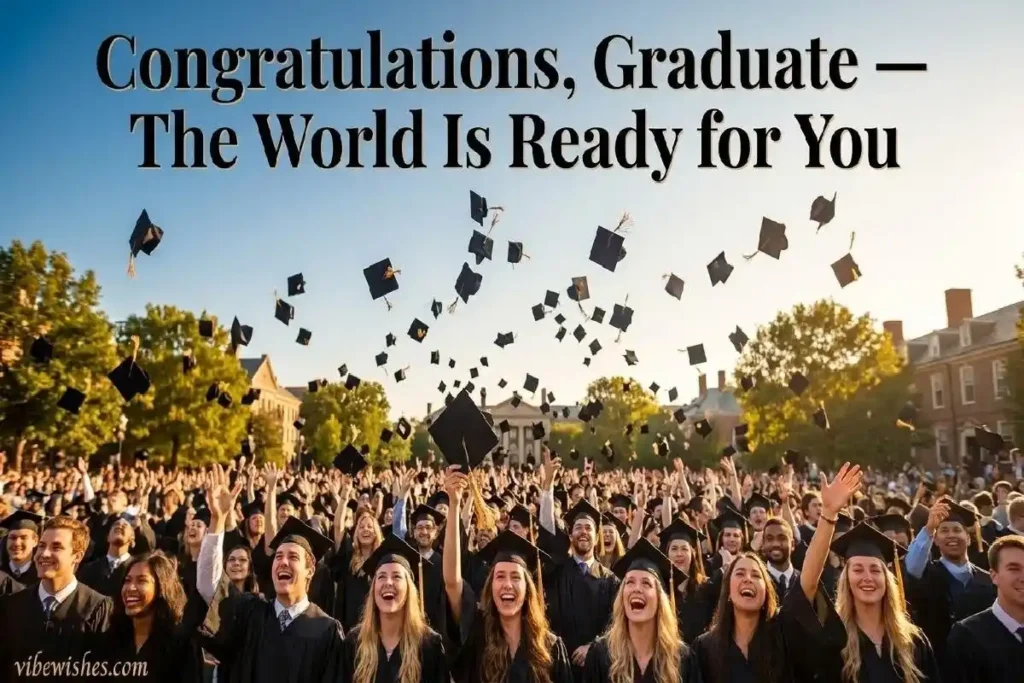 "Graduates throwing caps in the air during graduation celebration representing graduation congratulations wishes and messages"