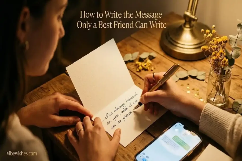 "Young woman writing graduation card with gold pen representing how to write the perfect graduation message for best friend"