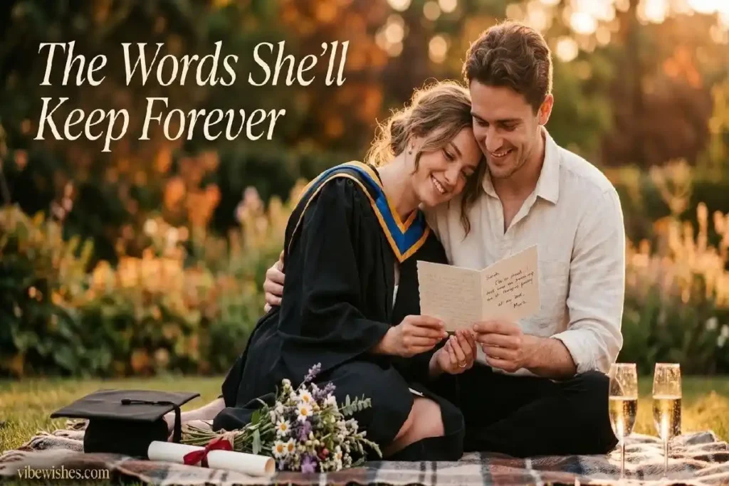 "Couple reading heartfelt graduation card together outdoors representing the perfect graduation wishes for girlfriend to keep forever"