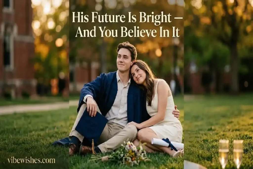 "Couple sitting together in golden light after graduation representing loving graduation wishes for boyfriend and his bright future"