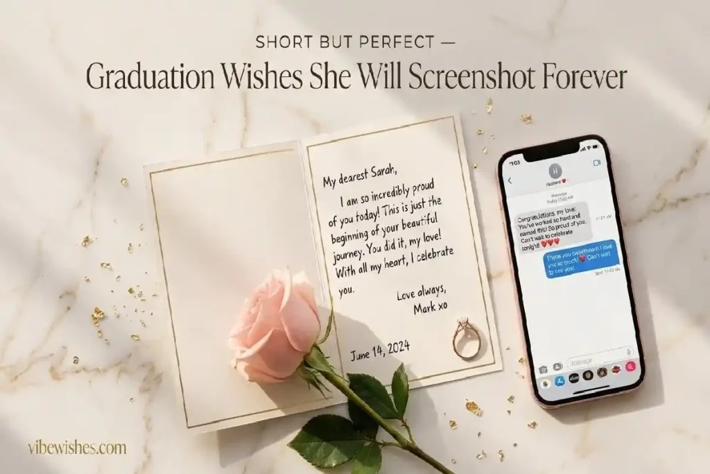  "Female graduate holding diploma with hand over heart in golden hour light representing emotional wife graduation day wishes from husband"