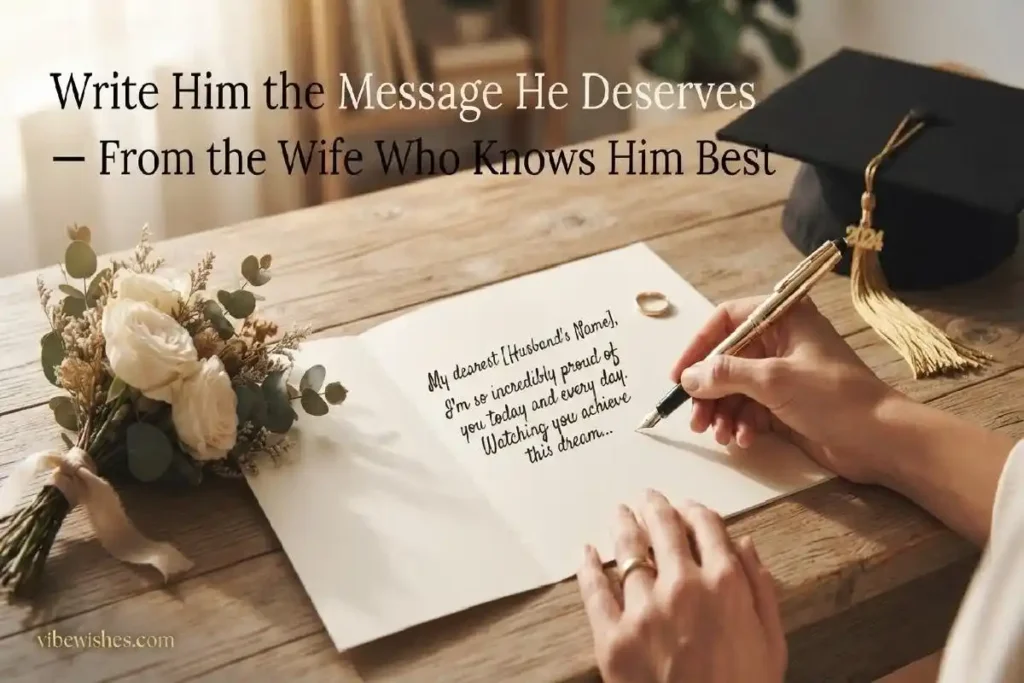 "Handwritten graduation card with fountain pen and wedding ring on wooden desk representing how to write the perfect graduation message for husband"