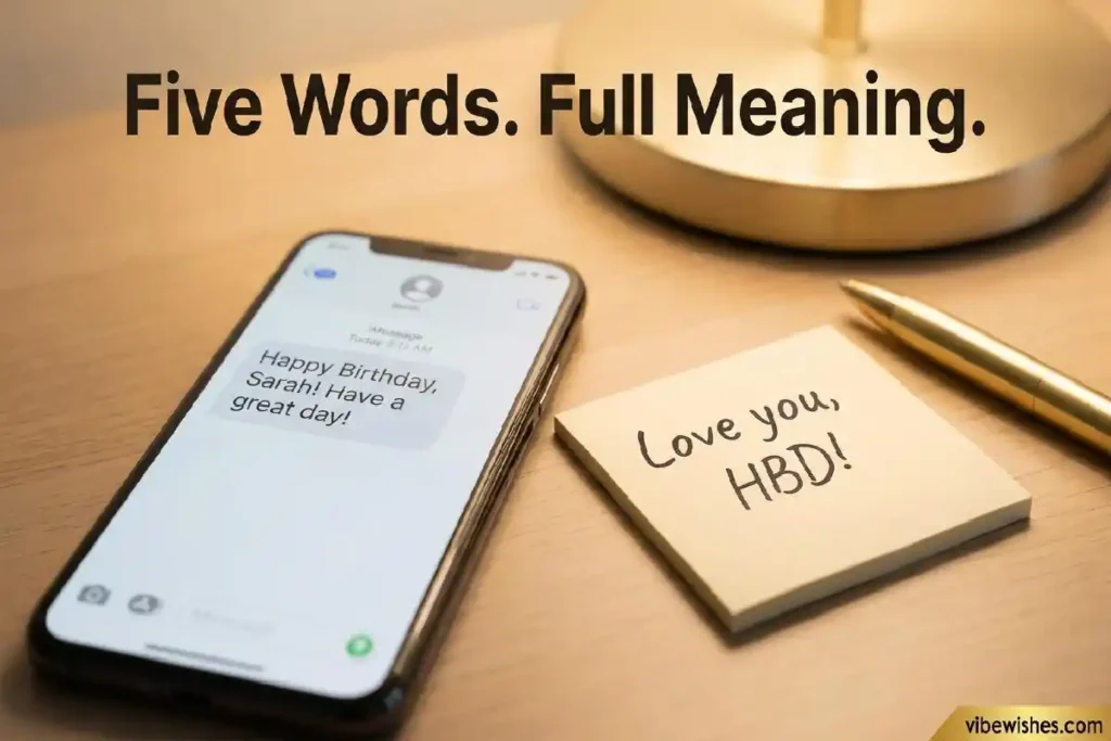 "Smartphone and sticky note with ultra short birthday messages representing one line birthday wishes for boss in five words or less"