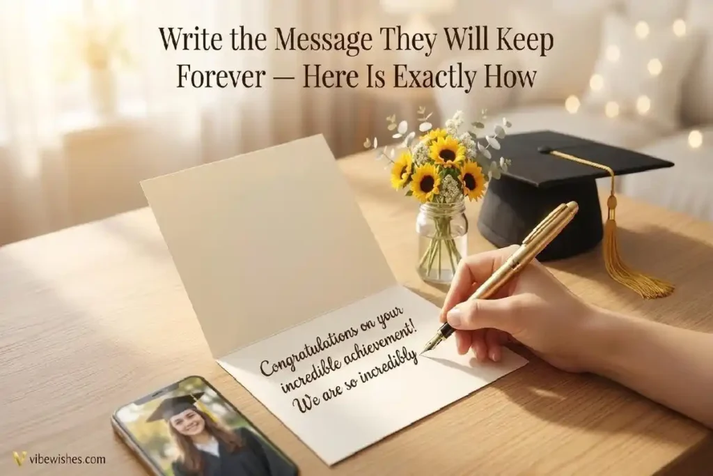 "Handwritten graduation card with gold pen and graduation cap on wooden desk representing tips for writing the perfect high school graduation message"