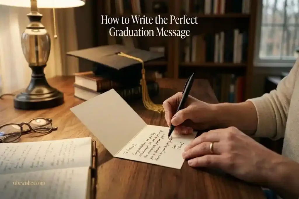 "Hands writing heartfelt graduation message in card on wooden desk representing how to write the perfect college graduation wishes"