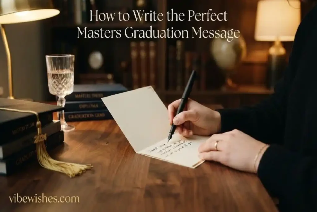 "Hands writing heartfelt masters graduation message in premium card on walnut desk representing how to write the perfect masters graduation wishes"