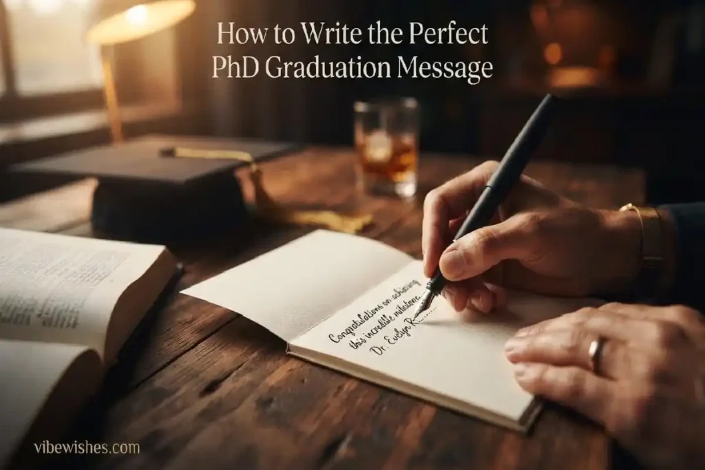 "Hands writing deliberate PhD graduation message in premium card on walnut desk representing how to write the perfect PhD graduation wishes"