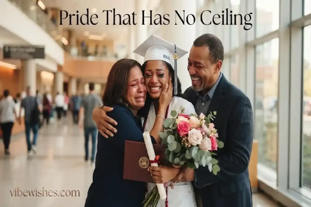 "Nursing graduate hugging proud parents at graduation representing personalized nursing graduation wishes by relationship and family pride"