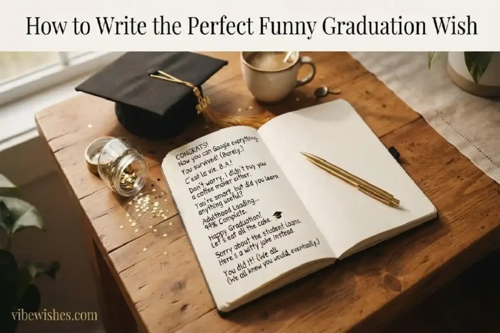  "Notebook with handwritten funny graduation message notes and graduation cap on wooden desk representing tips for writing funny graduation wishes"