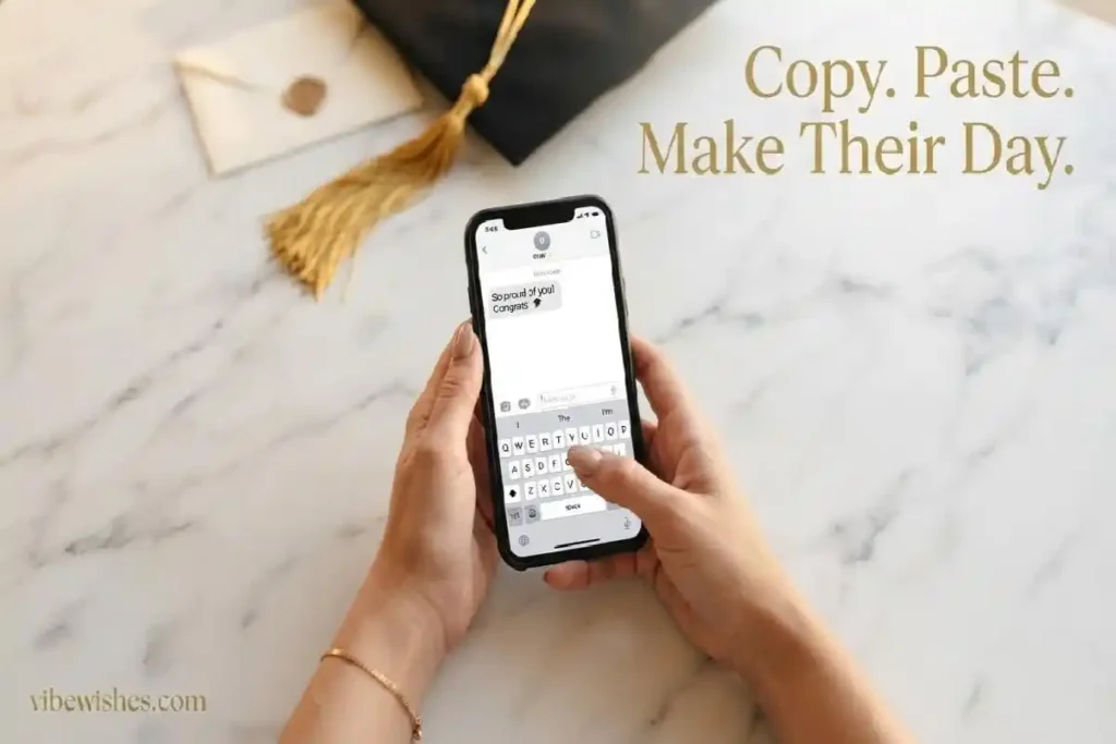 "Person typing a short graduation wish message on smartphone with graduation cap and envelope beside them"