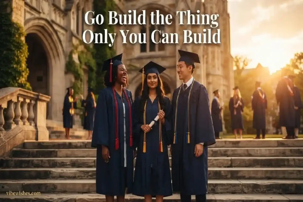 "Three diverse graduates in cap and gown standing confidently on sunlit university steps representing one-line inspirational graduation wishes"