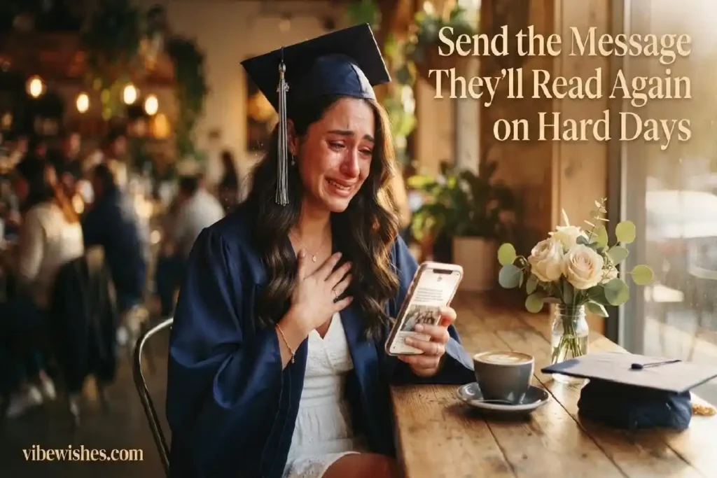  "Graduate in cap and gown reading emotional graduation message on phone with hand over heart and tears in eyes at warm cafe"