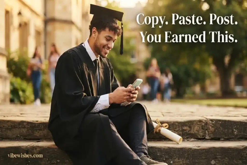 "Male graduate in cap and gown sitting on university steps typing copy paste graduation caption on smartphone"