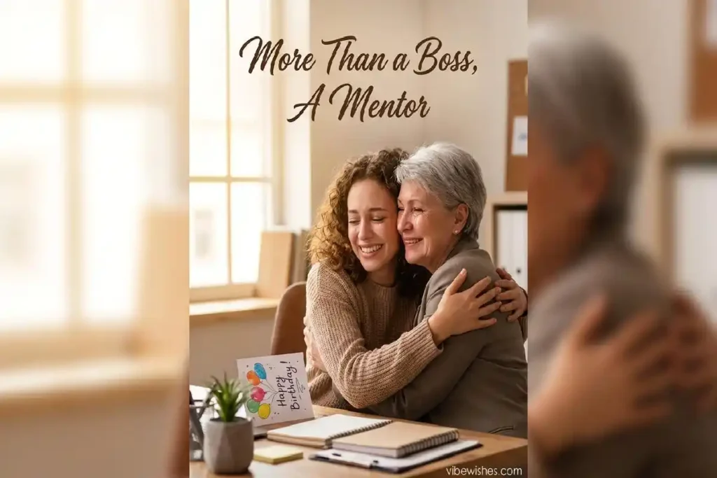 "Employee thanking her female boss and mentor with a warm embrace on her birthday"