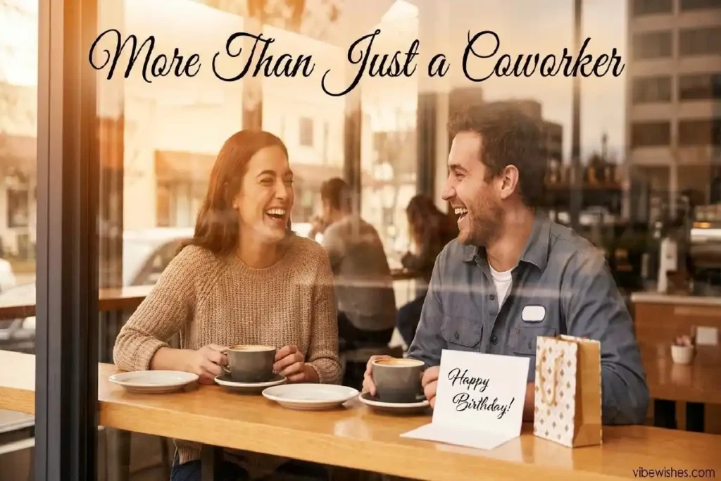 "Close work friends laughing together during lunch with a birthday card and gift bag on the table"