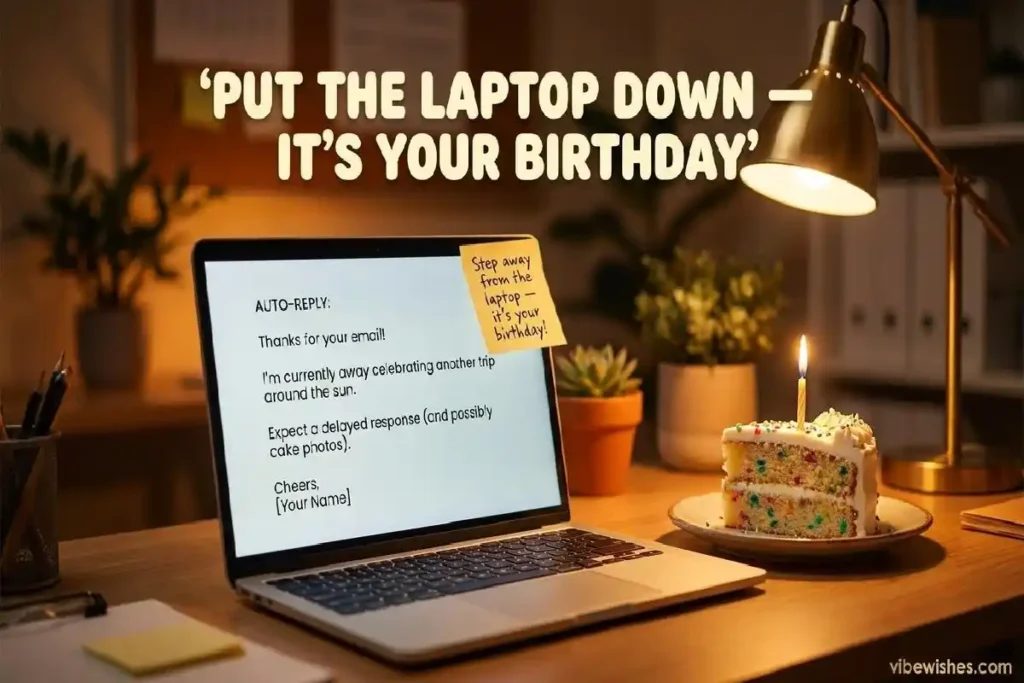  "Laptop with out-of-office message and birthday cake on office desk showing funny birthday wishes for coworker who works too hard"