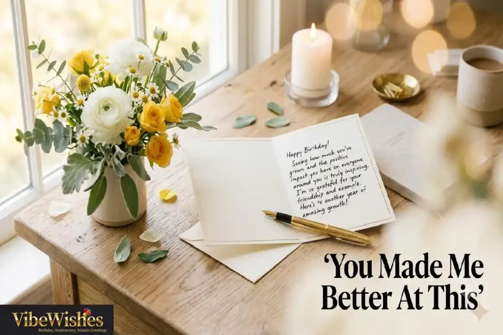 "Birthday card with gold pen and gratitude flowers representing emotional birthday wishes for coworker who changed your career"