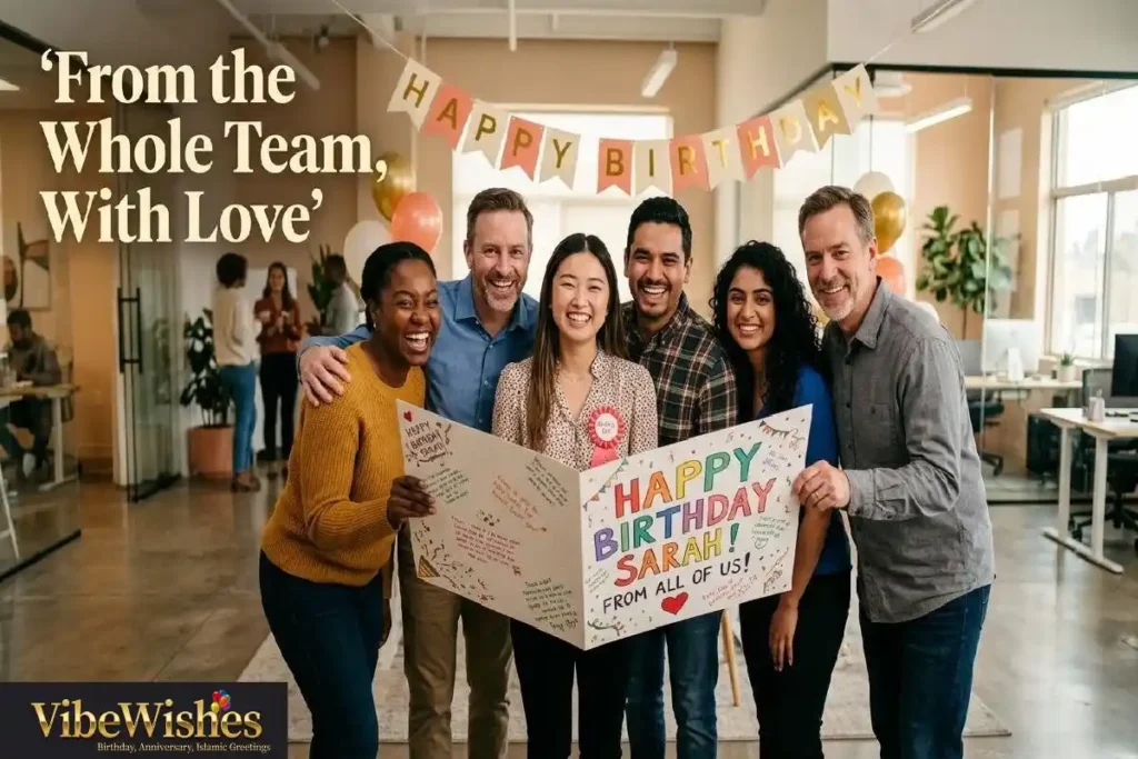 "Office team holding birthday card together showing professional group birthday wishes for new employee from whole team"