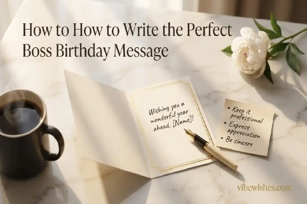 "Birthday card writing flatlay with fountain pen and sticky note tips showing how to write the perfect birthday wish for boss"