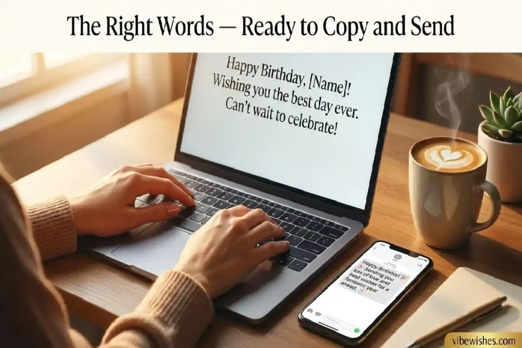 "Hands typing professional birthday wish on laptop with phone showing message ready to send for workplace birthday greetings"