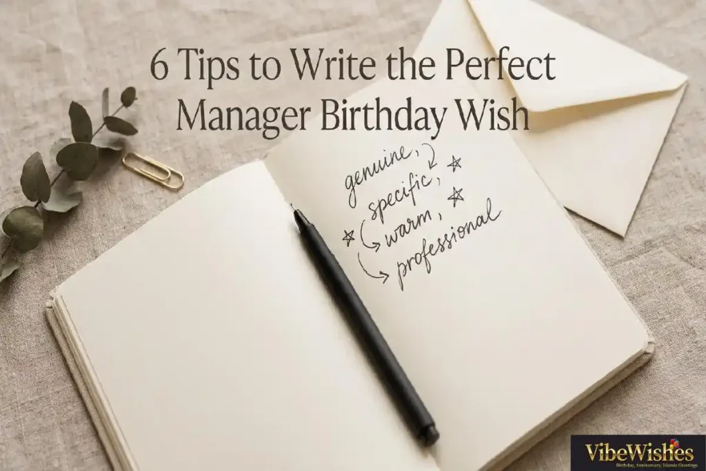"Open notebook with handwritten birthday message draft and pen showing how to write the perfect birthday wish for a manager"