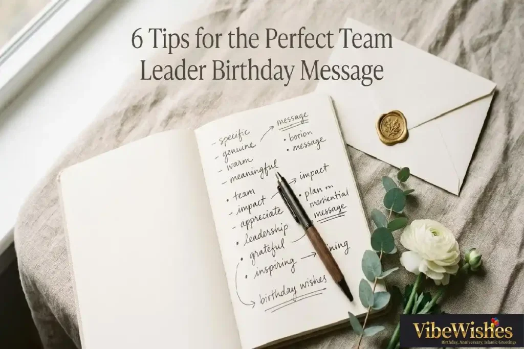 "Open notebook with handwritten birthday message planning notes and pen showing how to write the perfect birthday wish for a team leader"