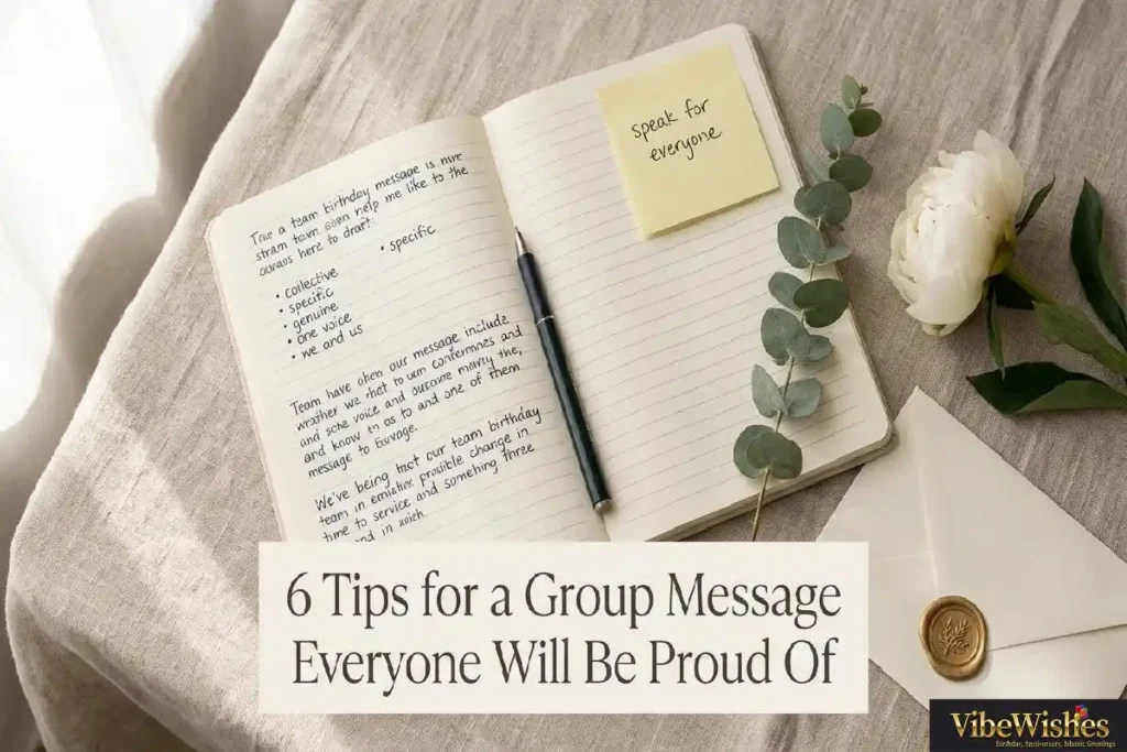 "Open notebook with handwritten group birthday message planning notes showing how to write the perfect team birthday wishes for manager"