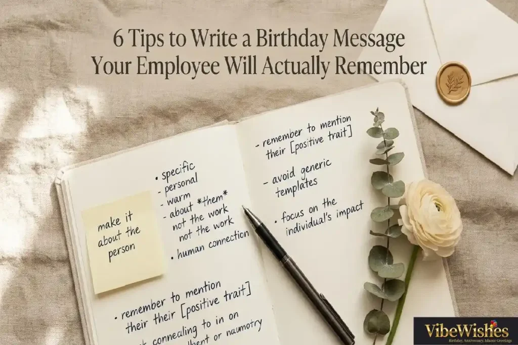  "Open notebook with handwritten tips and planning notes showing how to write the perfect birthday wishes for employee from manager"