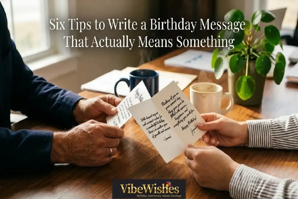"Mentor and intern hands holding birthday card together showing how to write the perfect birthday message for an office intern"