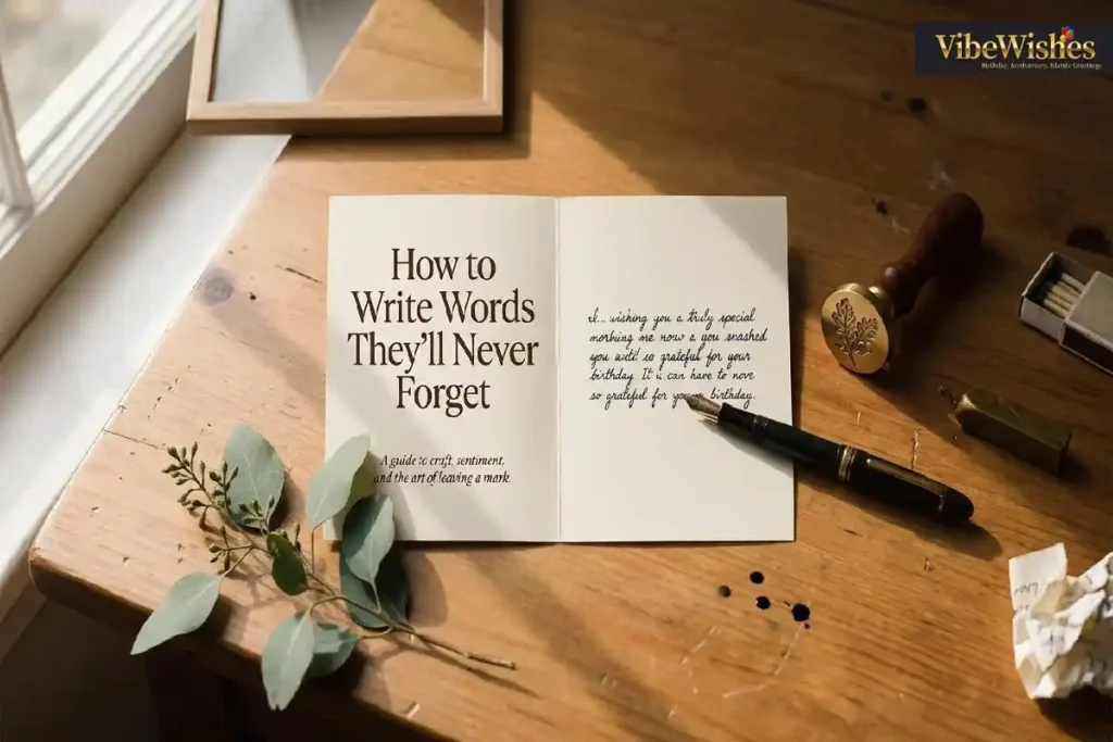  "Fountain pen writing birthday card message on warm wooden desk with eucalyptus representing how to write perfect birthday message for teacher"