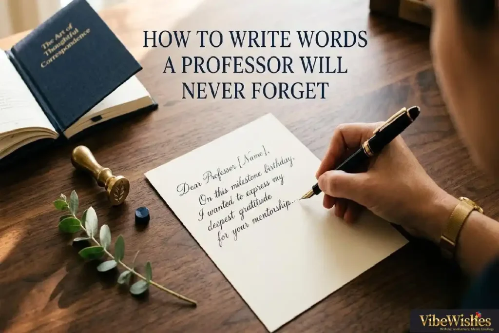 "Fountain pen writing birthday message on cream card with eucalyptus and wax seal representing how to write the perfect birthday wishes for professor"