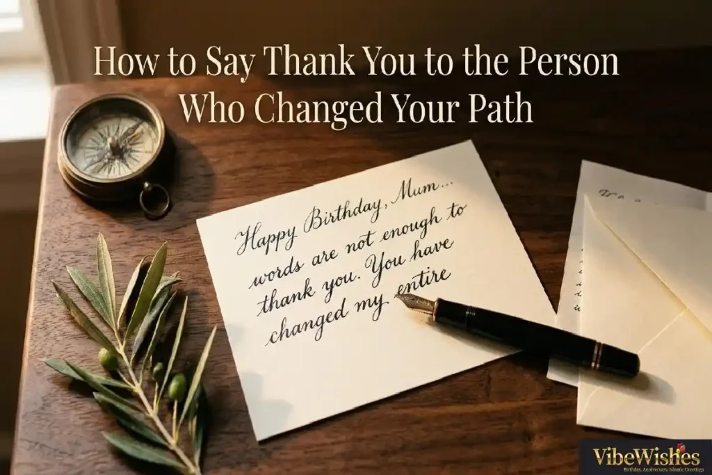 "Fountain pen writing birthday message with compass and olive branch on dark walnut desk representing how to write the perfect heartfelt birthday wishes for mentor"