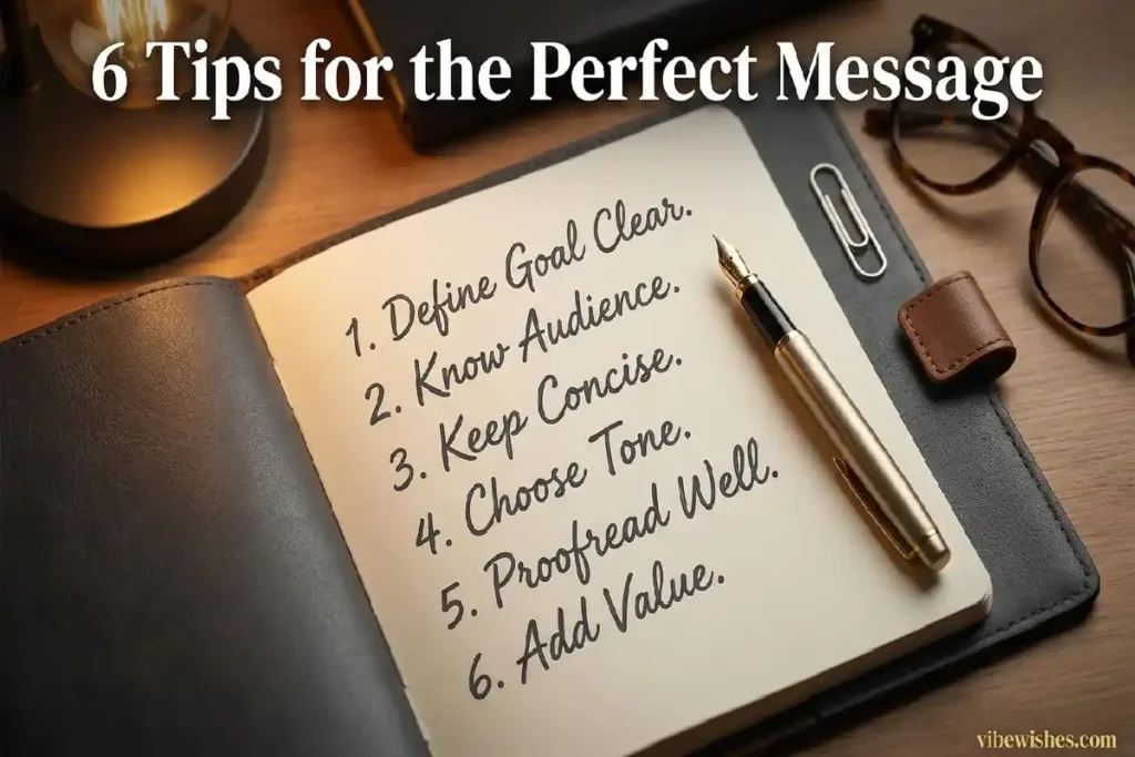 "Executive notebook with six handwritten tips for writing formal birthday message for boss showing professional birthday message writing guide"