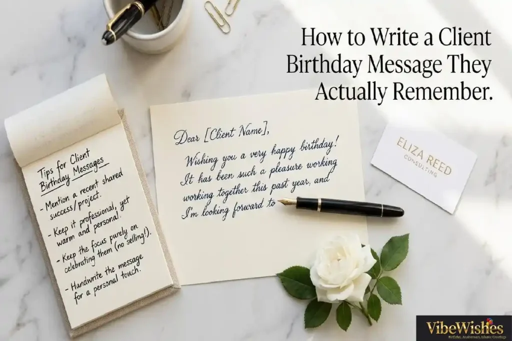 "Fountain pen writing professional birthday message on marble desk with white rose and business card representing how to write perfect birthday wishes for client"