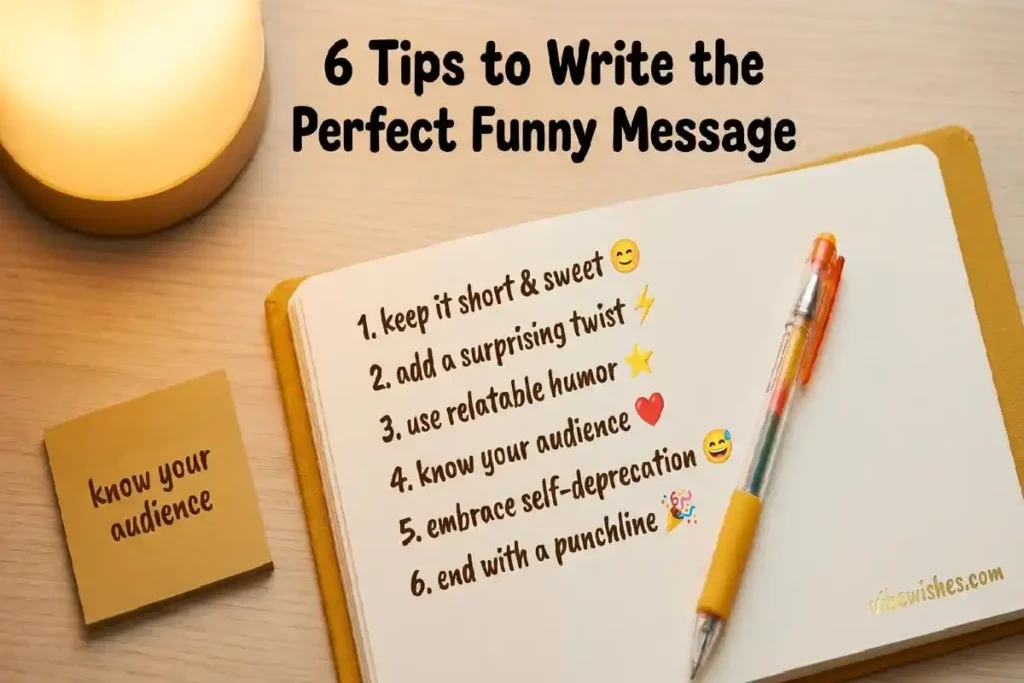  "Open notebook with six handwritten tips for writing funny birthday message for boss showing humorous birthday message writing guide"