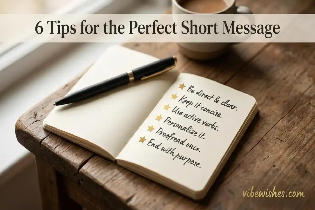 "Small notebook with six handwritten tips for writing short birthday message for boss representing quick birthday message writing guide"