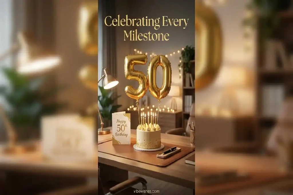  "Elegant milestone birthday setup with cake and gold balloons for a female boss"
