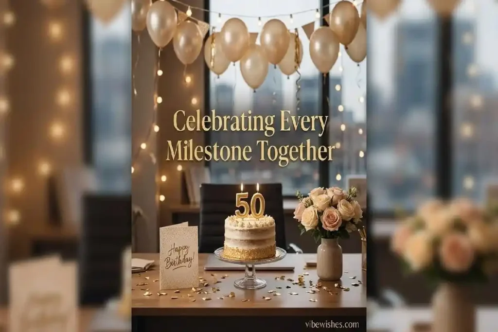 "Elegant milestone birthday cake and card setup on an office desk for a colleague"