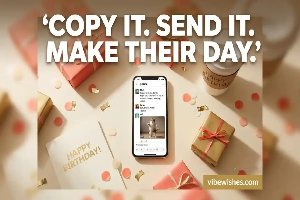 "Phone showing funny coworker birthday message on Slack surrounded by birthday card and confetti on office desk"