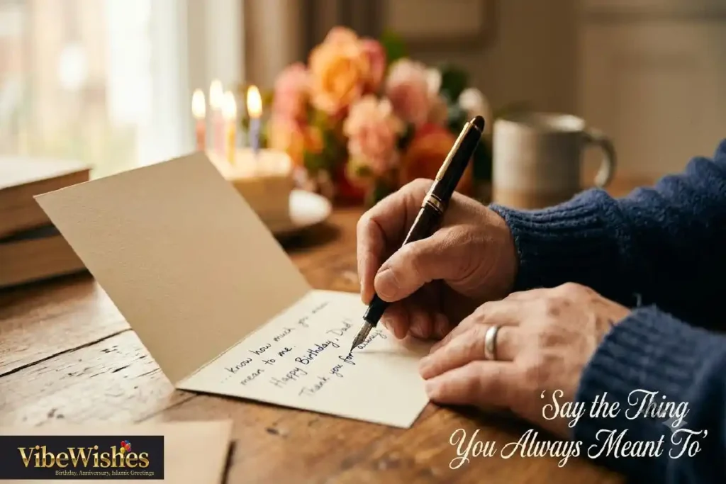 "Hand writing heartfelt birthday message in card with fountain pen representing how to write sincere birthday wishes for coworker"