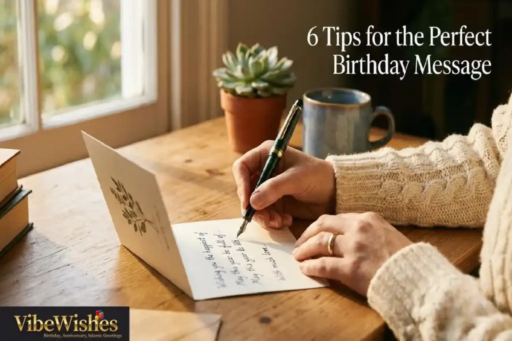 "Hands writing birthday card message with fountain pen showing how to write perfect birthday wish for new colleague"